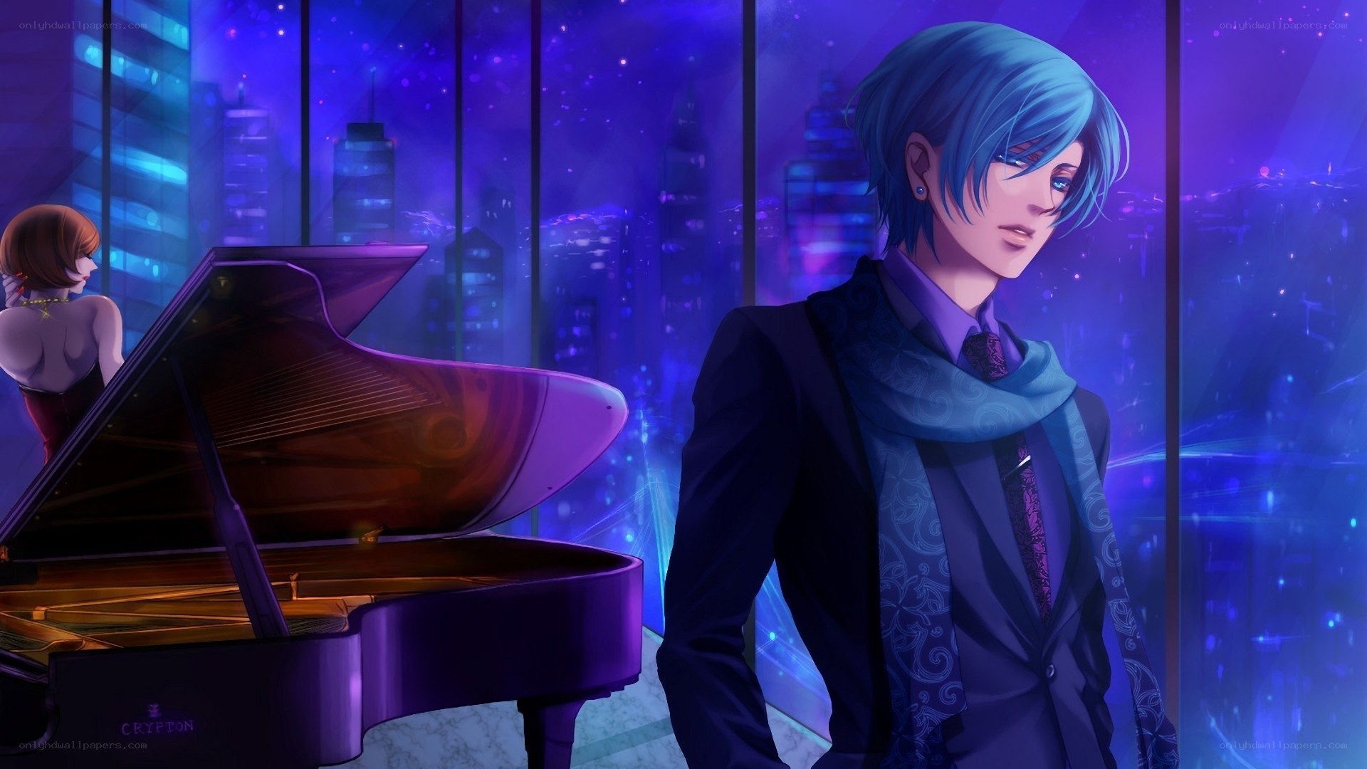 Blue-haired man with piano