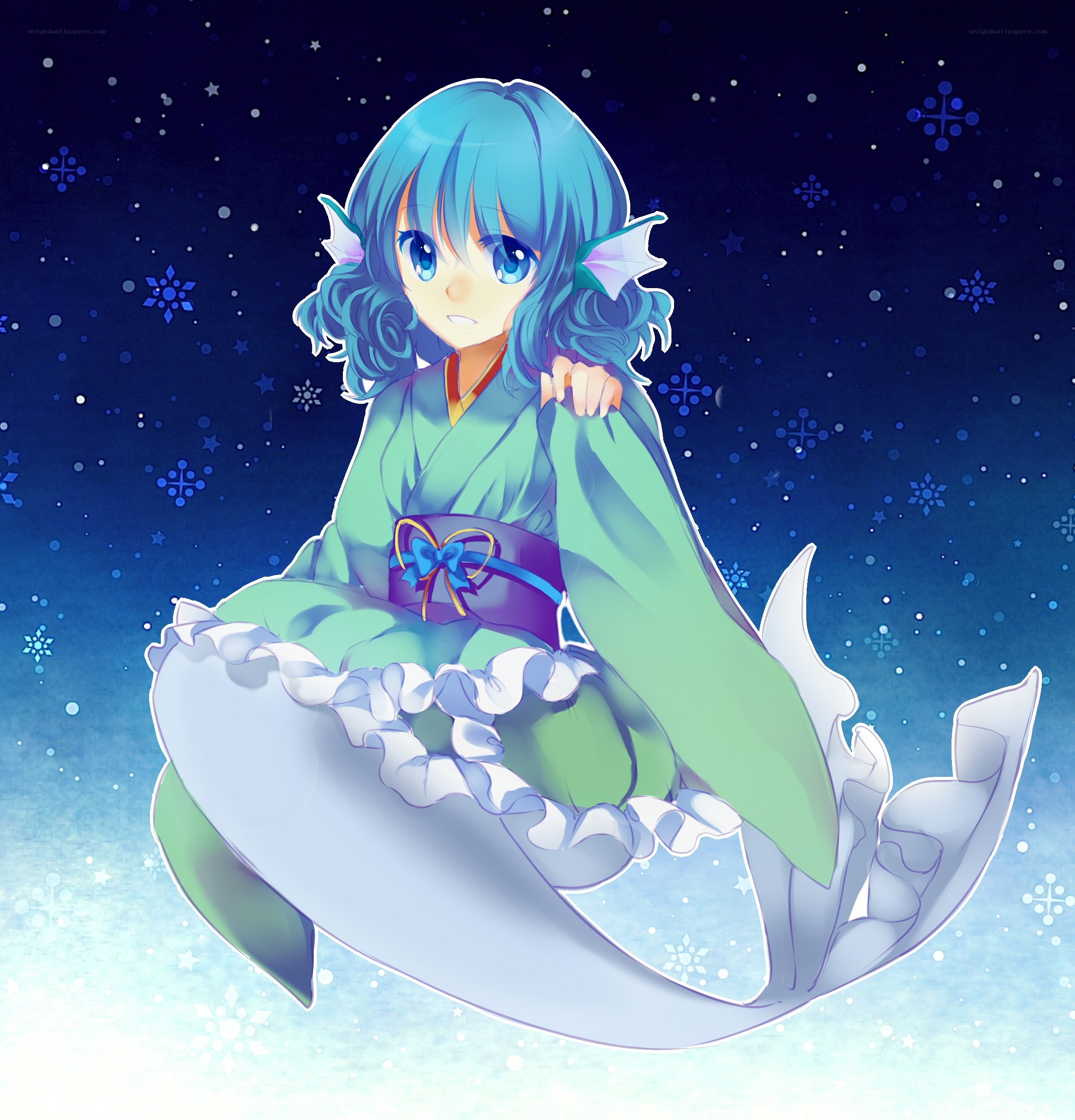 blue-haired mermaid in kimono