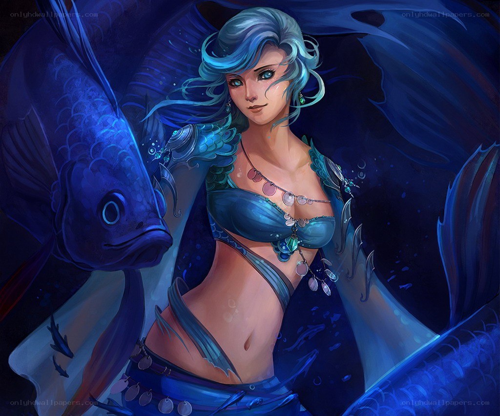 blue-haired mermaid with fish