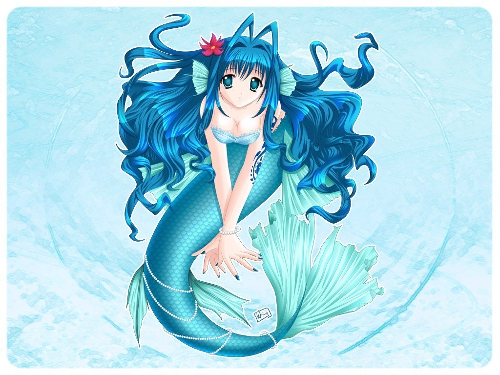 blue-haired mermaid with flower