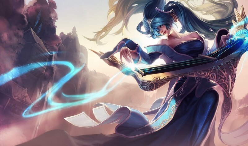 blue-haired musician with glowing instrument