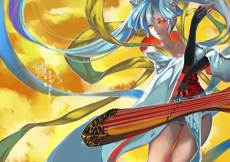 blue-haired musician with lute