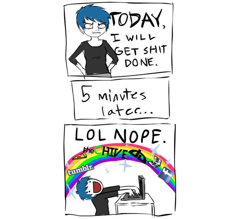 Blue-haired Person at Computer