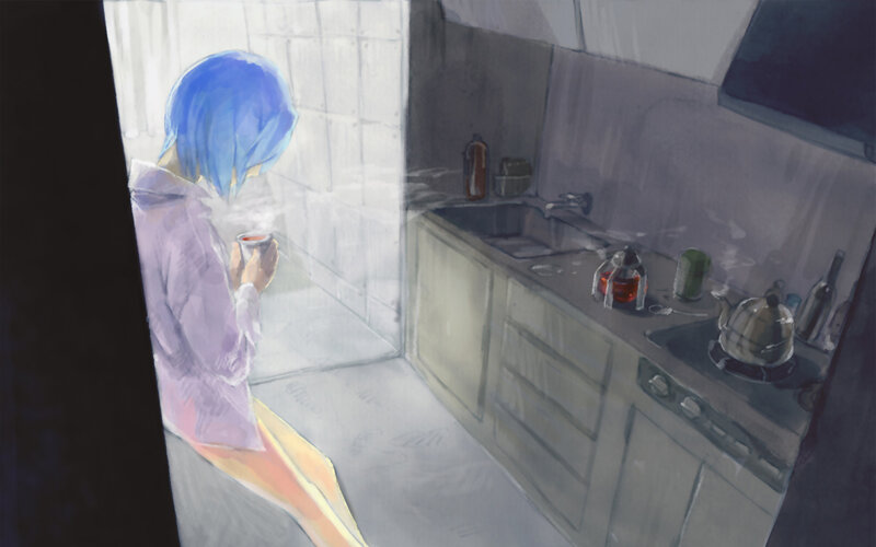 blue-haired person in kitchen