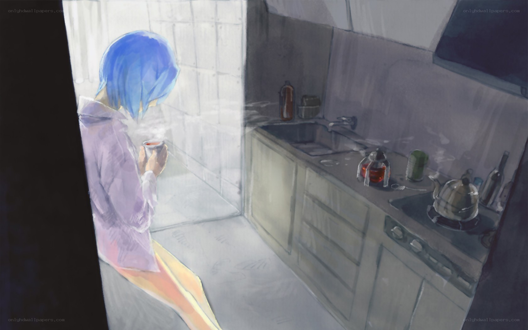 blue-haired person in kitchen
