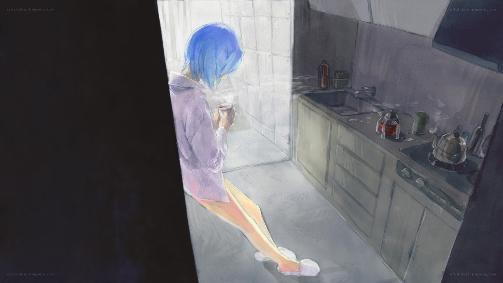 Blue-haired person in kitchen
