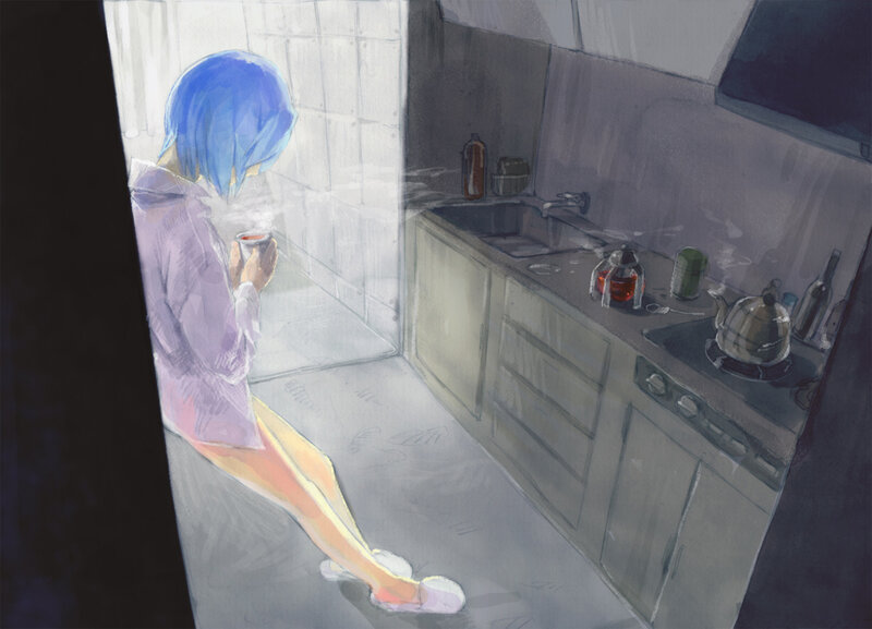 Blue-haired Person in Kitchen — Blue