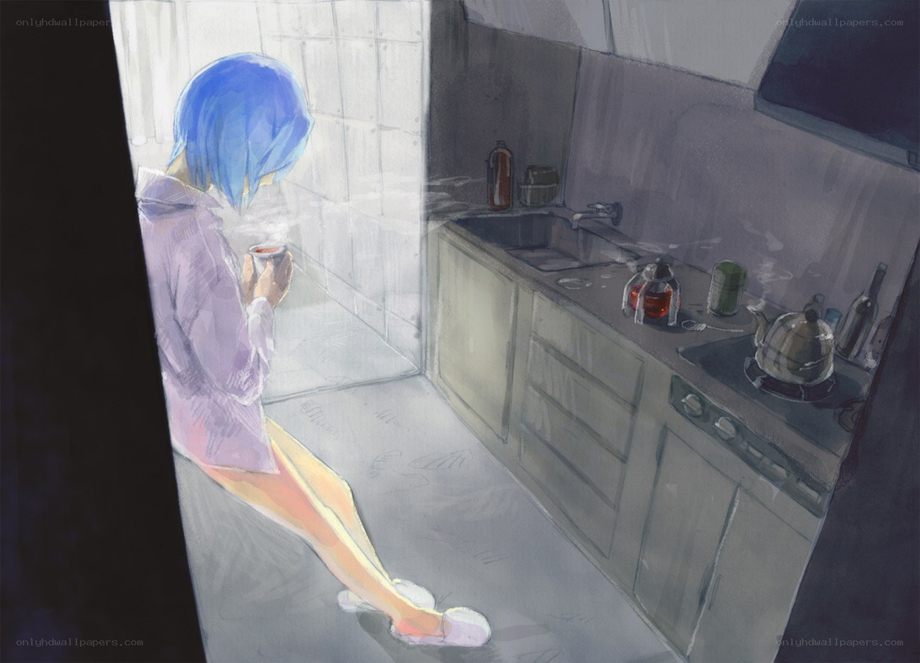 blue-haired person in kitchen