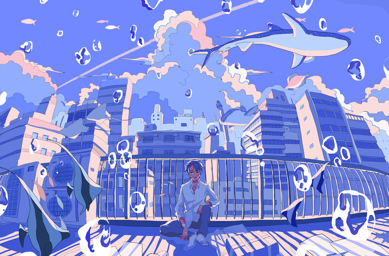Blue-haired Person on Rooftop