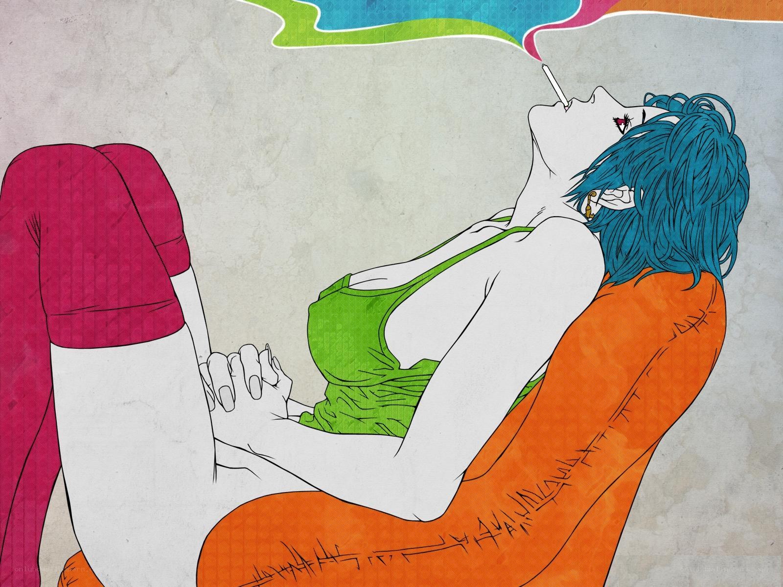 Blue-haired person smoking