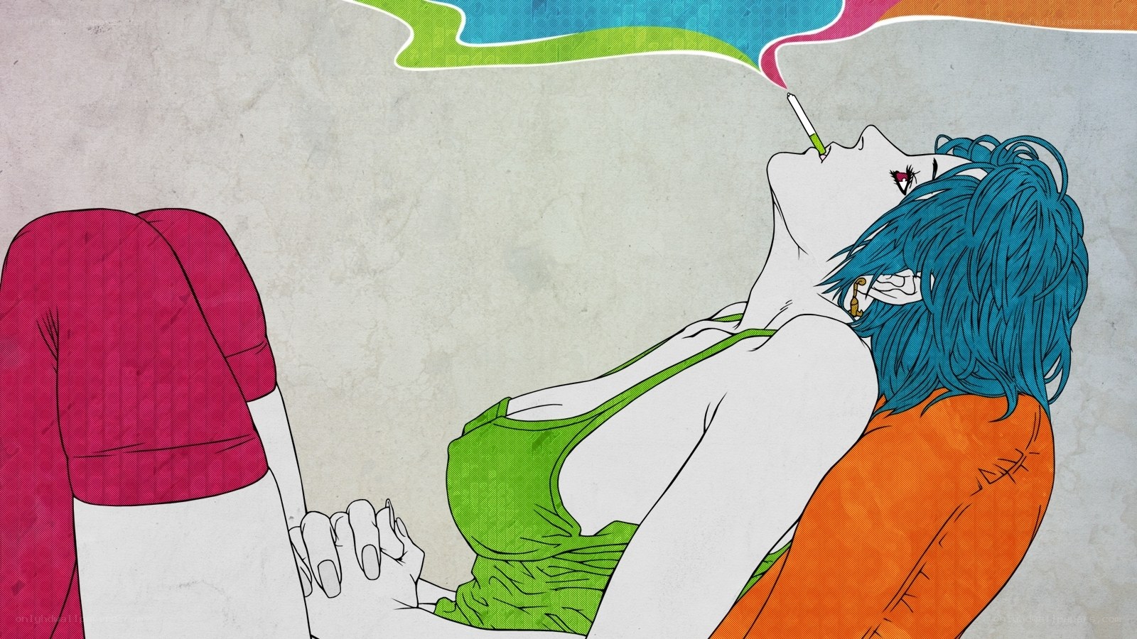 blue-haired person smoking