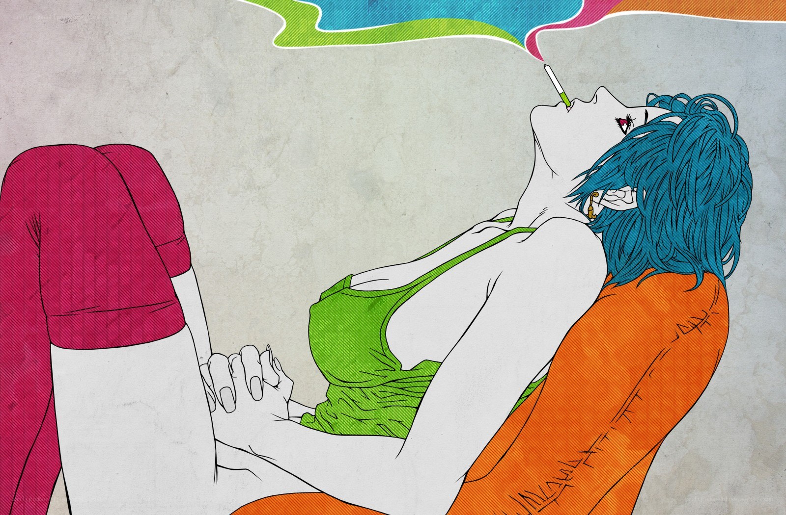 blue-haired person smoking