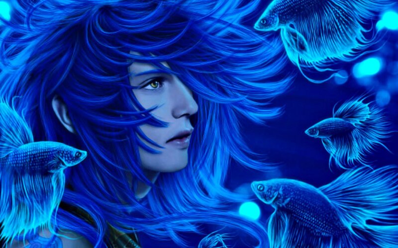 Blue-haired Person with Fish — Blue