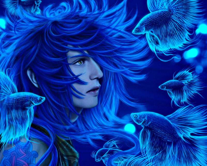 Blue-haired Person with Fish