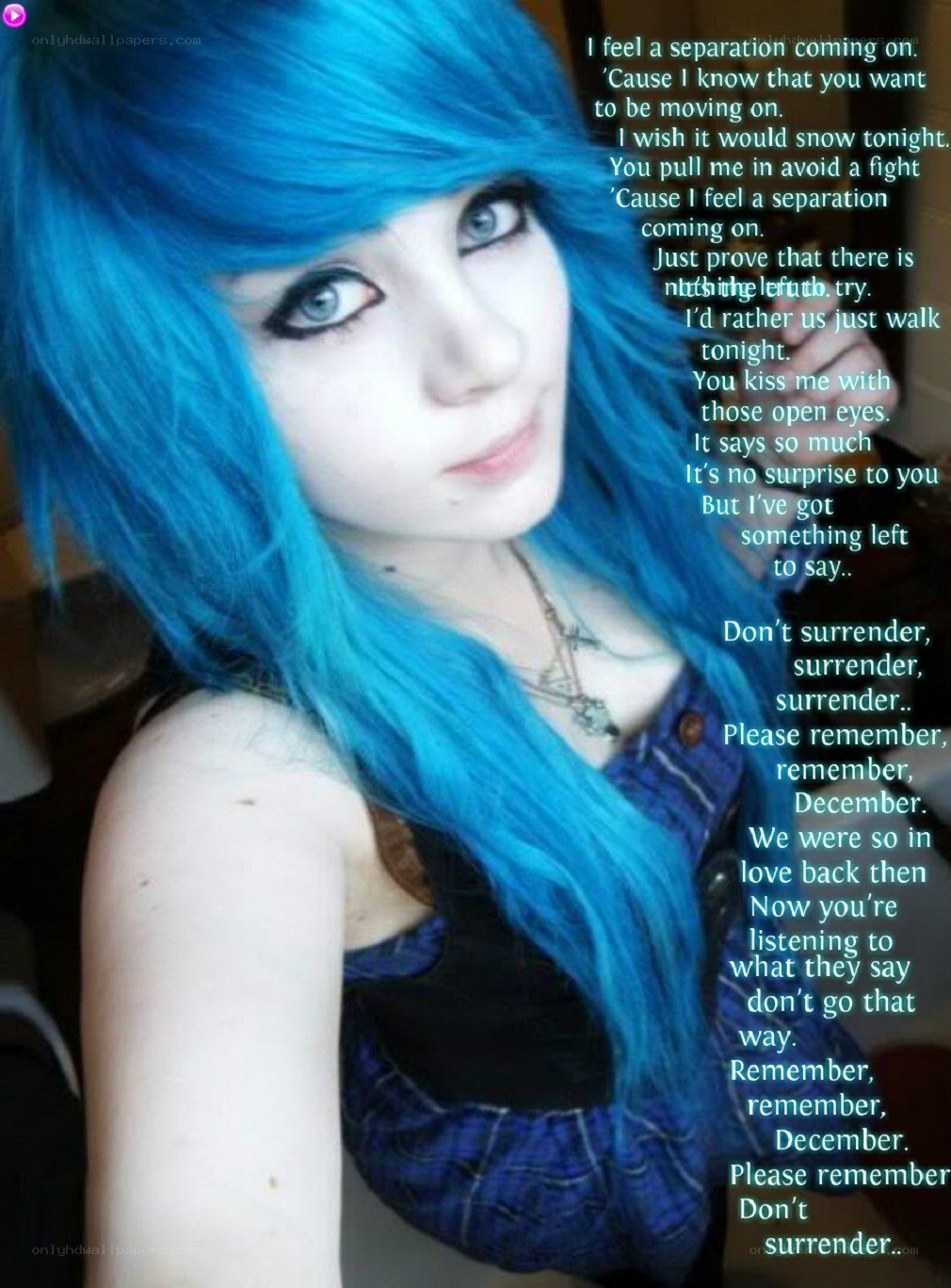 blue-haired person with lyrics