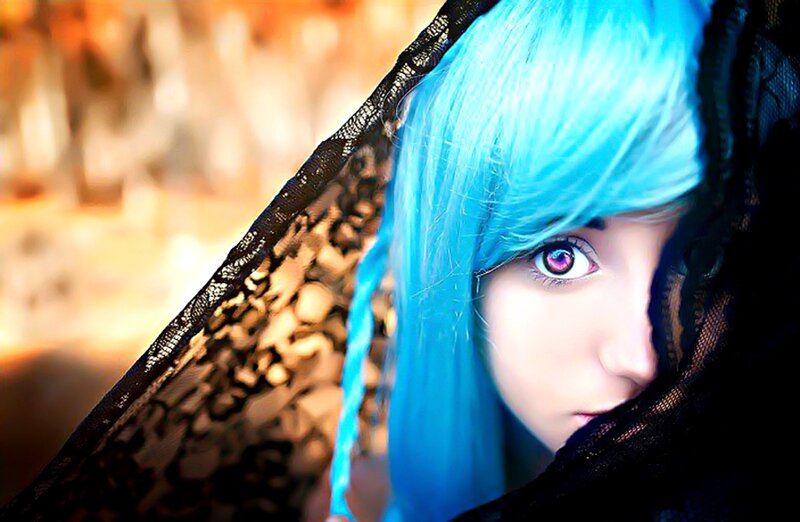 blue-haired person with veil