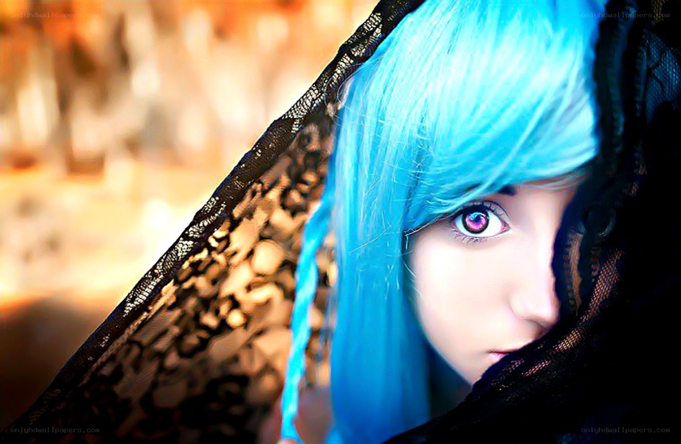 blue-haired person with veil