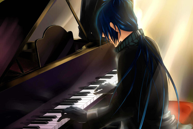 blue-haired pianist playing piano