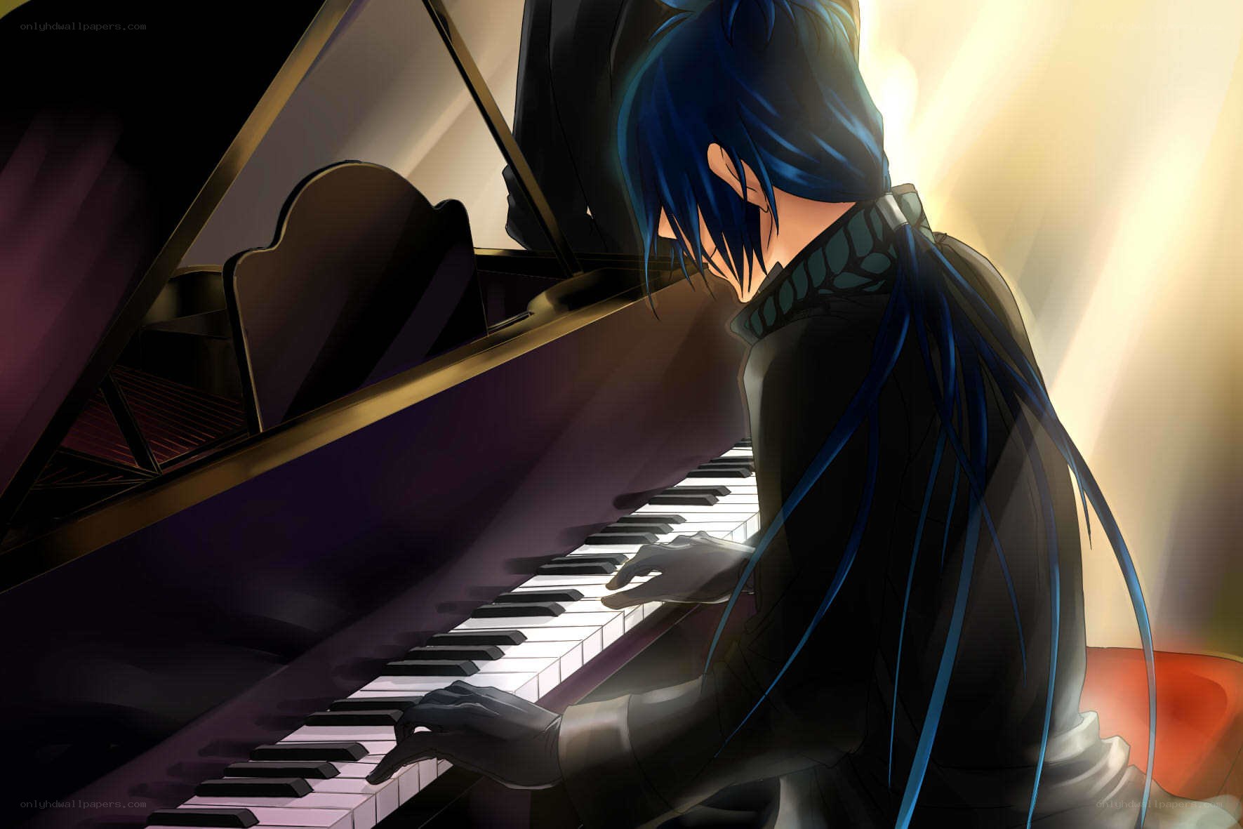 blue-haired pianist playing piano