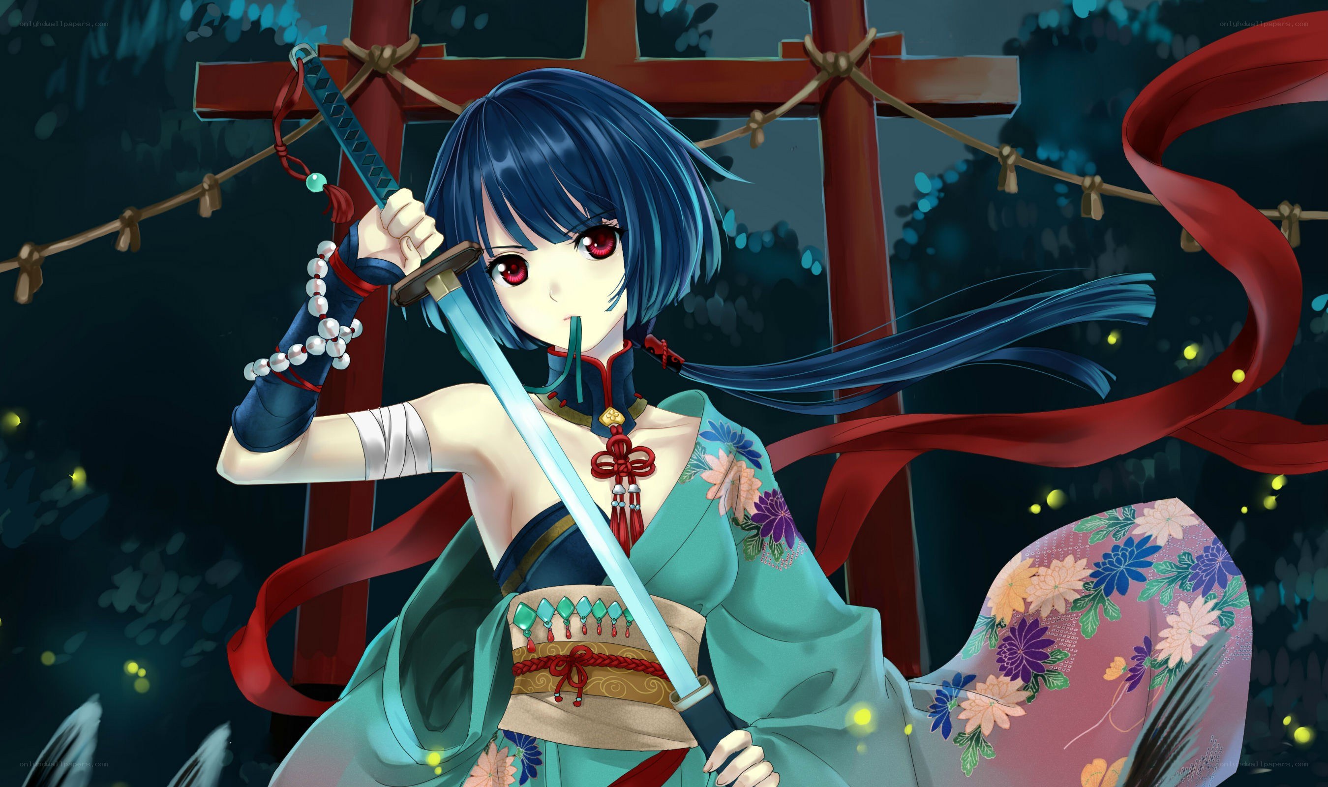 blue-haired samurai girl with sword