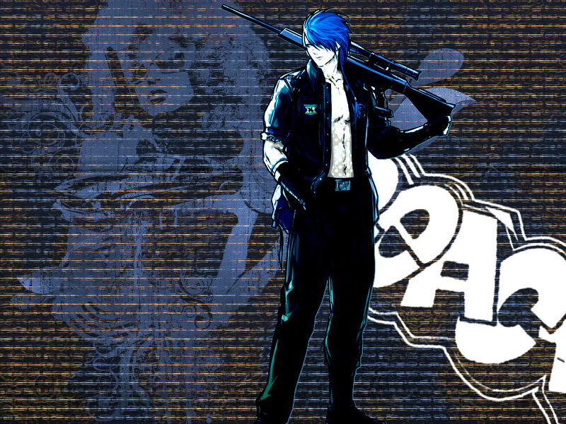 Blue-haired sniper character