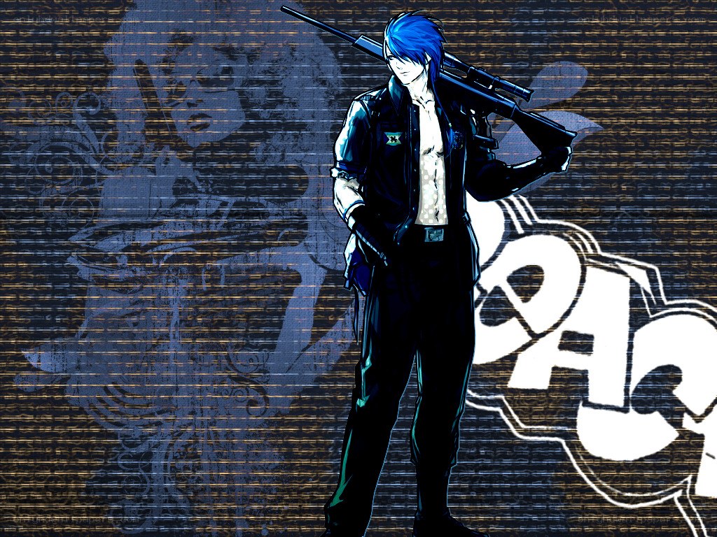 Blue-haired sniper character