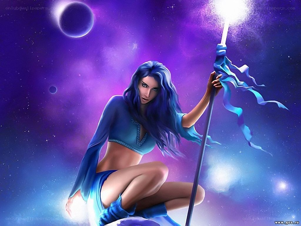 Blue-haired sorceress in space