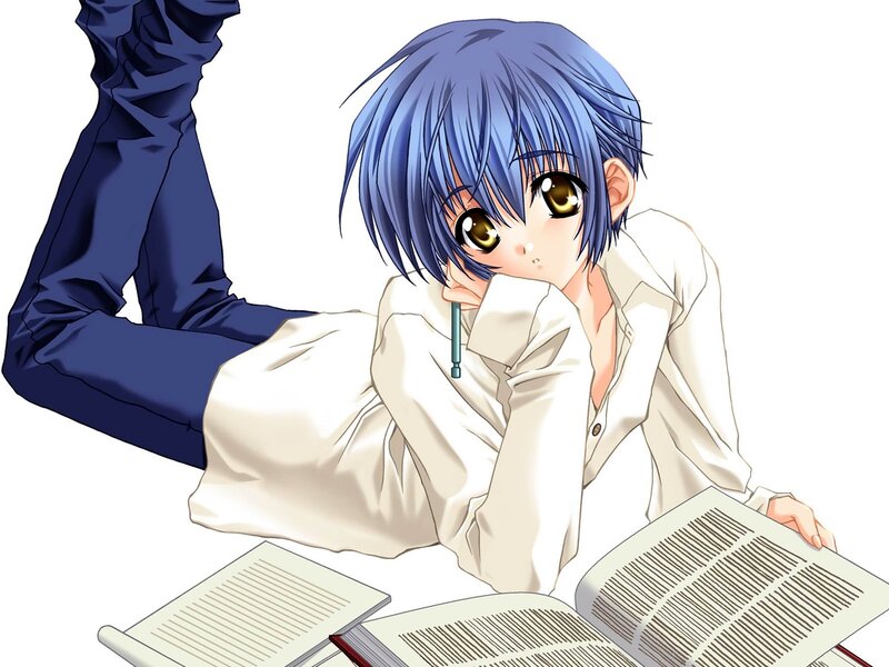 blue-haired student reading
