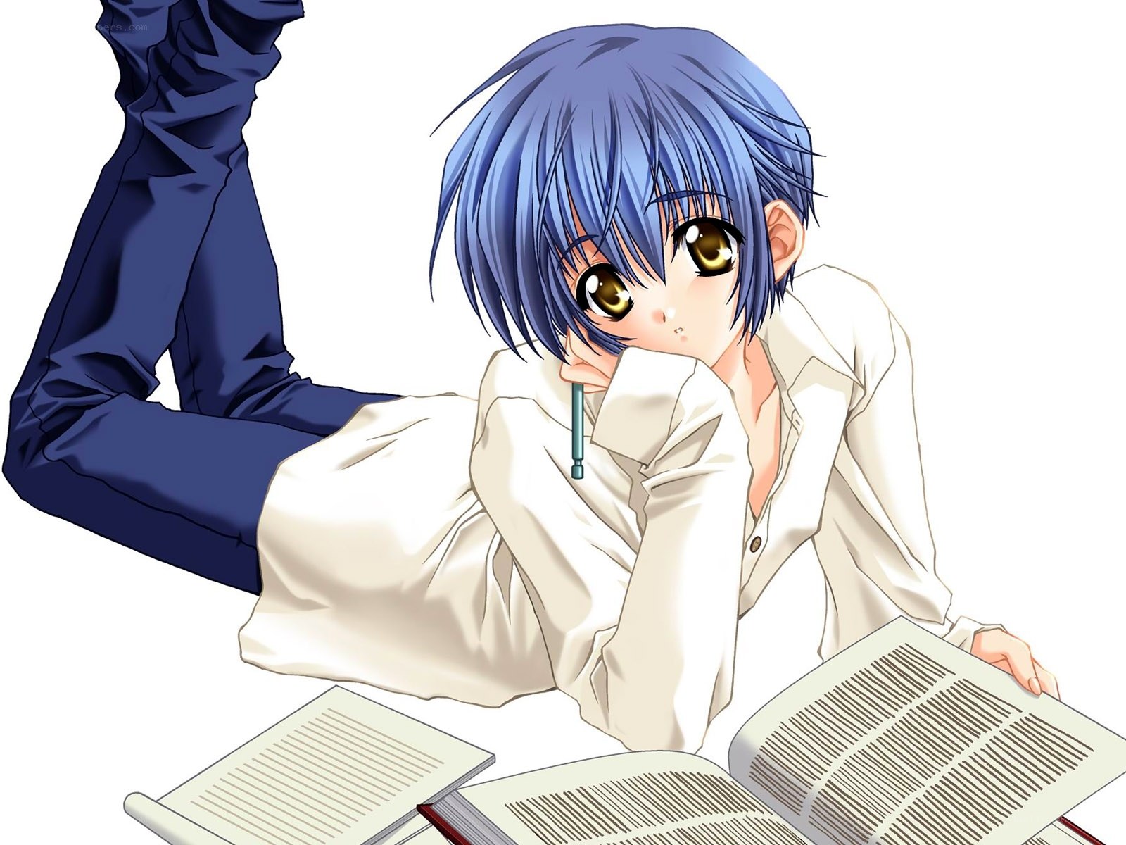 blue-haired student reading
