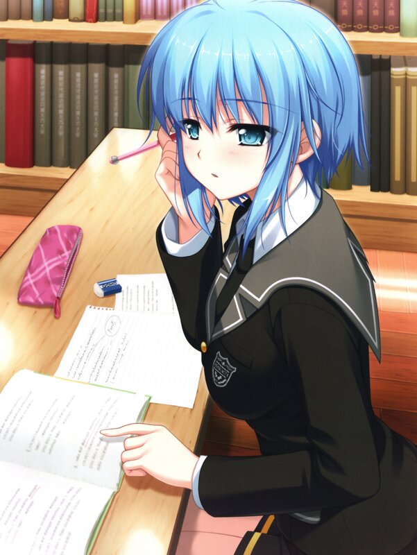 Blue-haired student studying