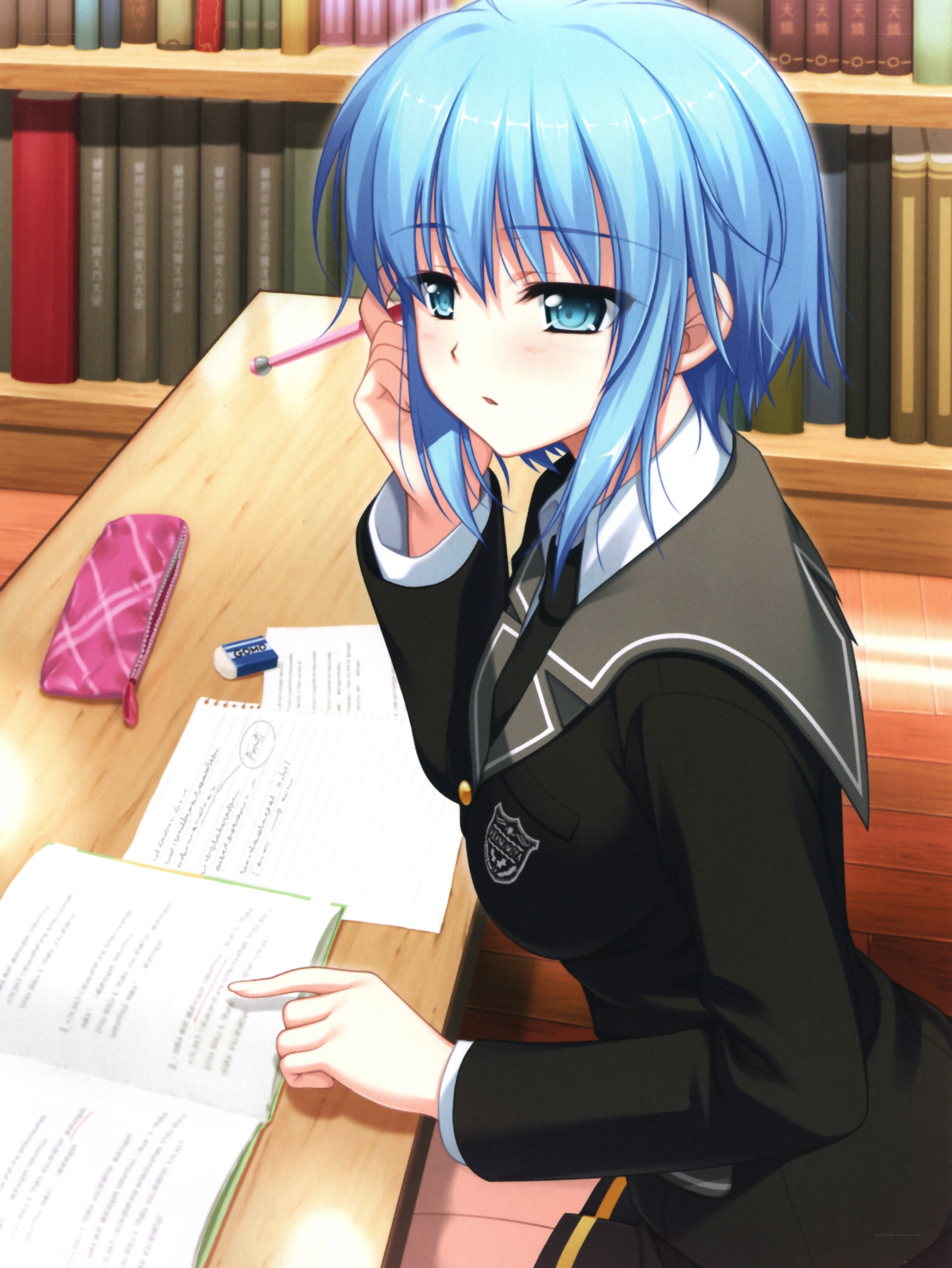 Blue-haired student studying