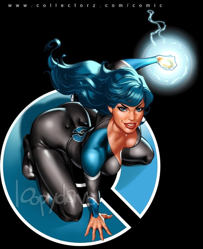 Blue-haired superhero in action