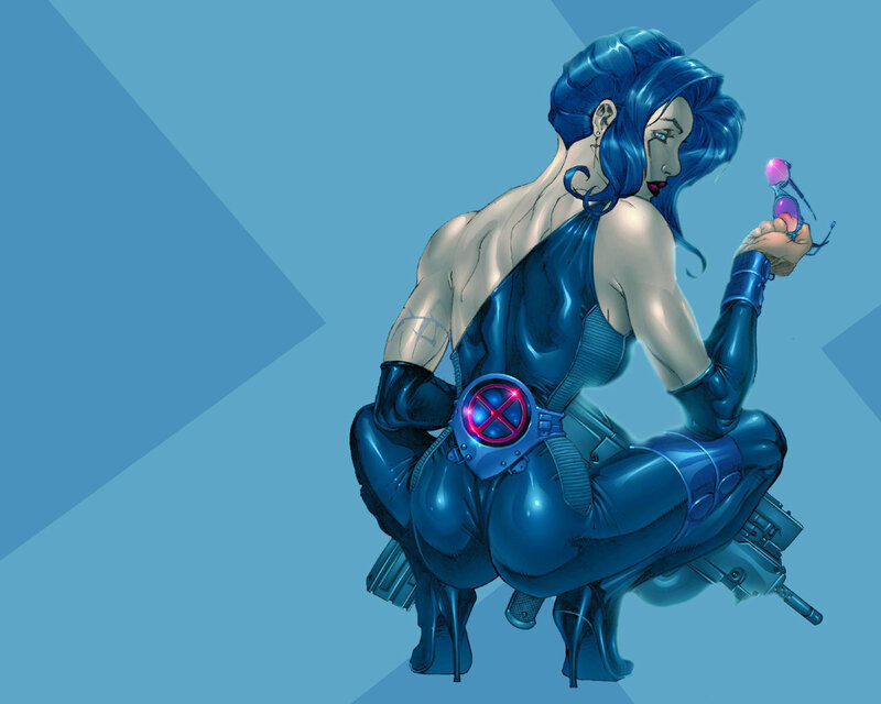 Blue-haired superhero in crouched pose