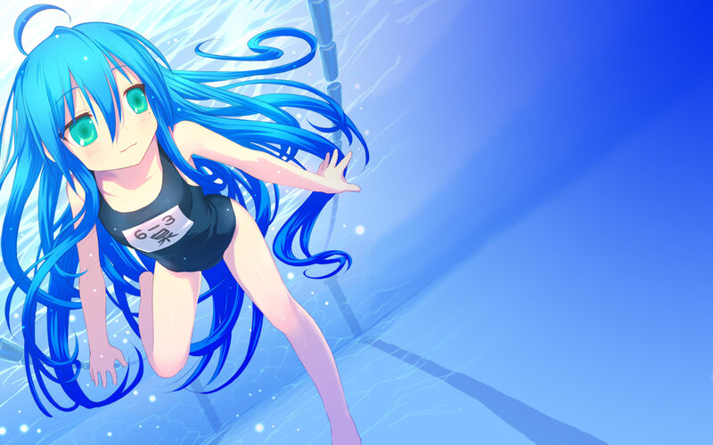 blue-haired swimmer underwater