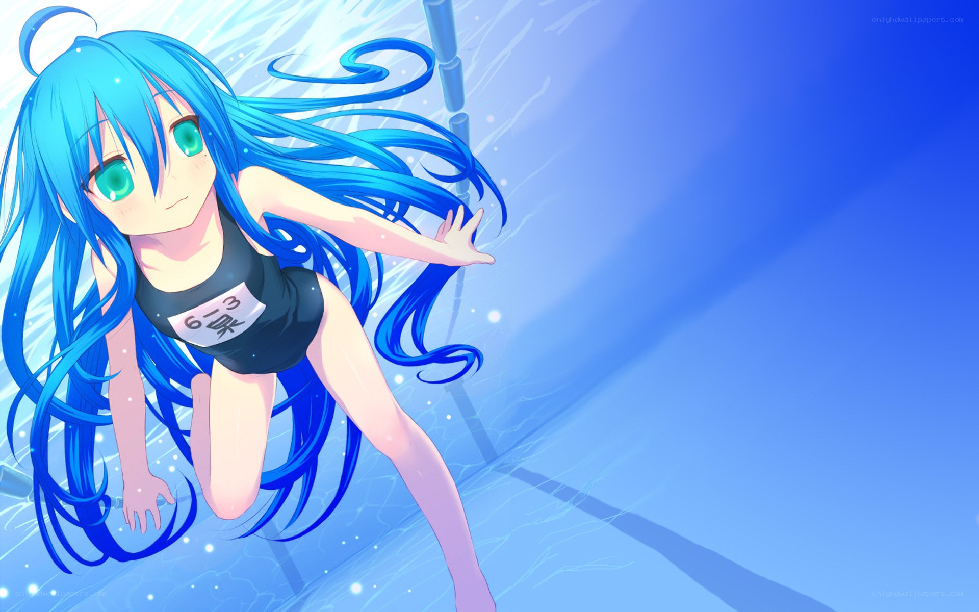 blue-haired swimmer underwater