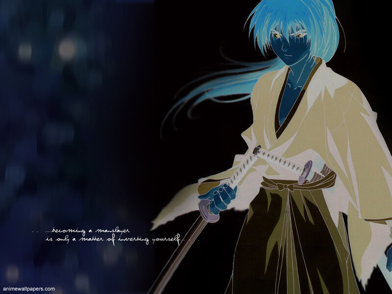 Blue-haired swordsman anime art