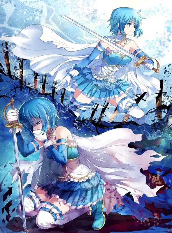 Blue-haired swordswomen in battle