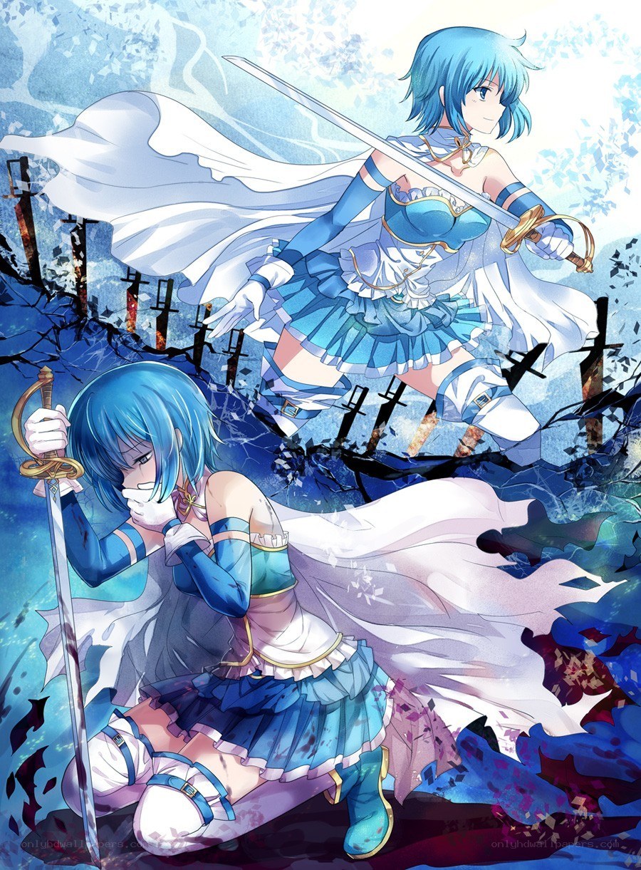 Blue-haired swordswomen in battle