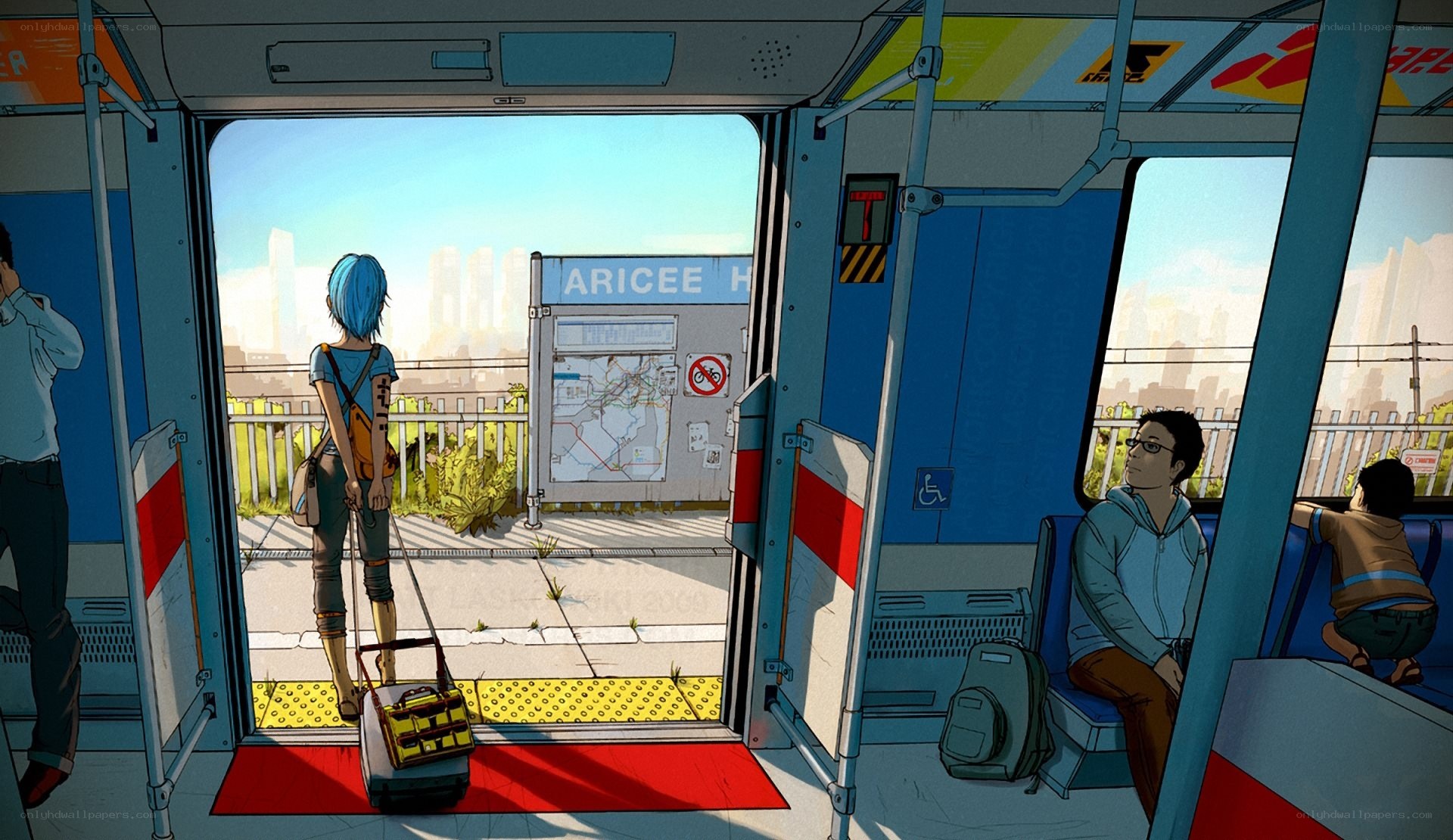 Blue-haired traveler on train