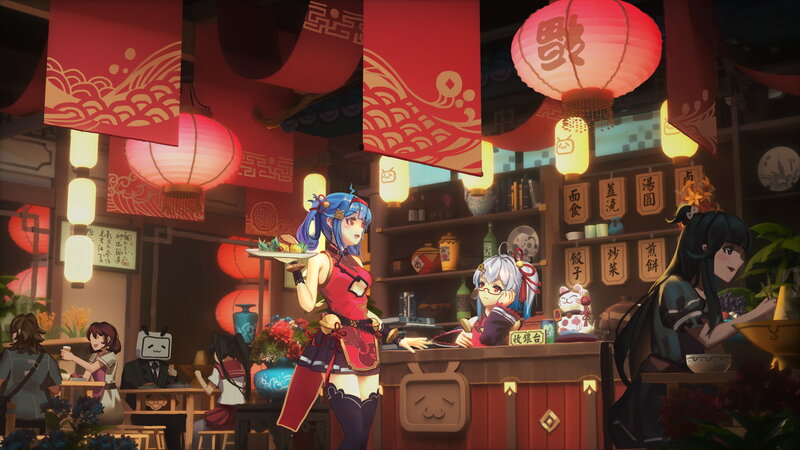 Blue-haired Waitress in Restaurant