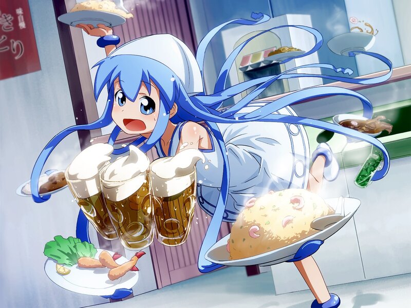 Blue-haired waitress serving food