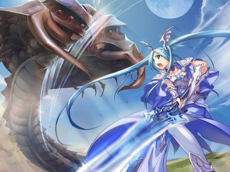 Blue-haired warrior battles giant serpent