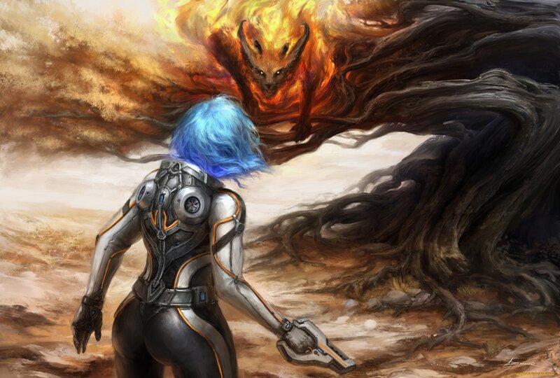 Blue-haired Warrior — Blue, Dramatic, Digital Art, Flame Creature