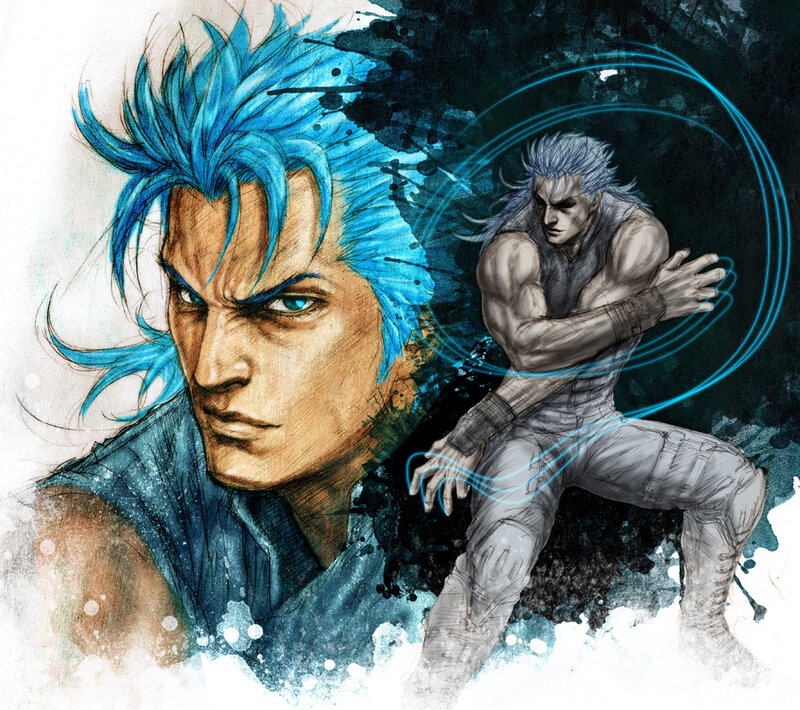 Blue-haired warrior character art