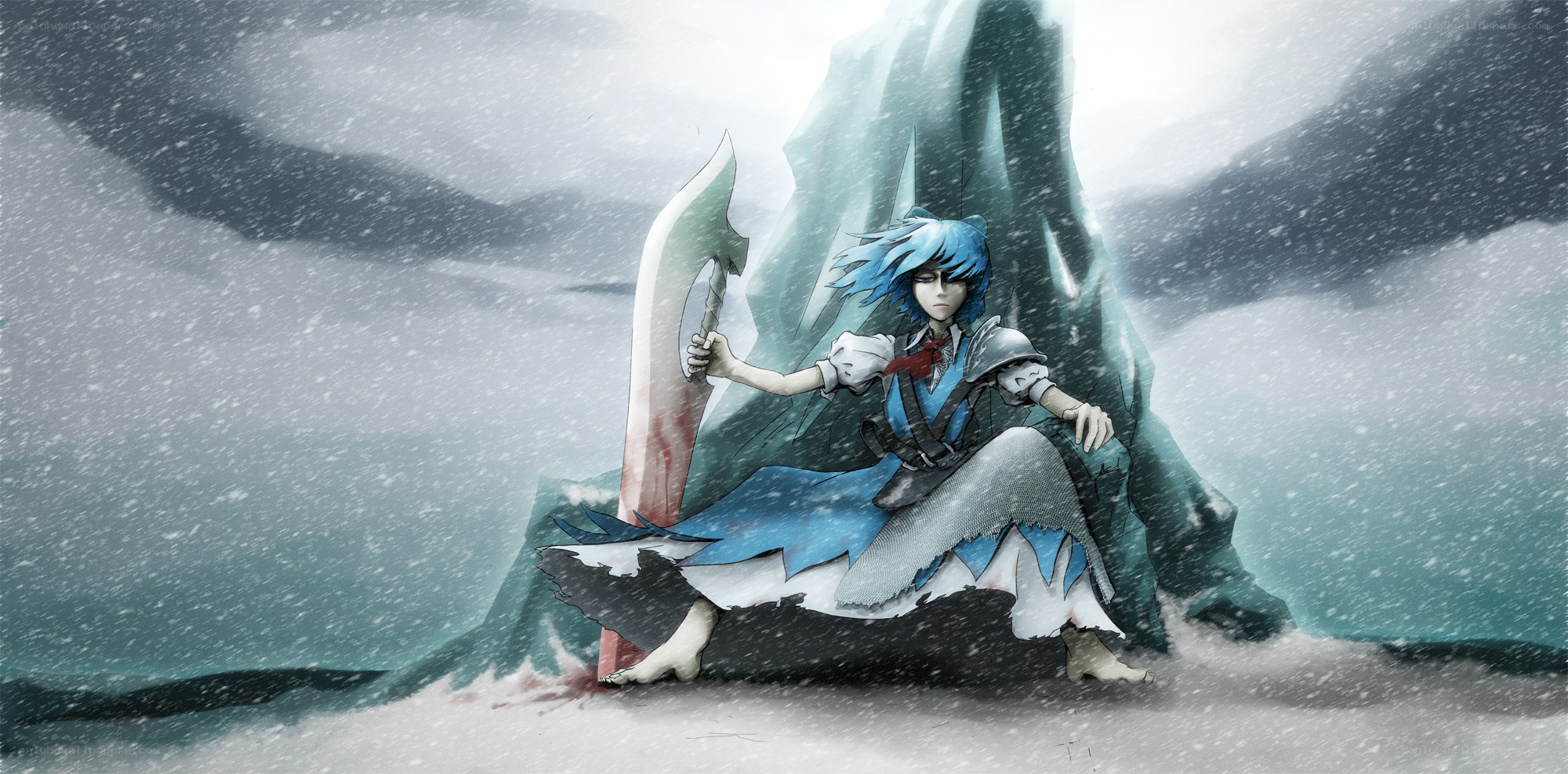 Blue-haired warrior in a snowstorm