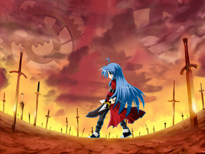 blue-haired warrior in a sword field