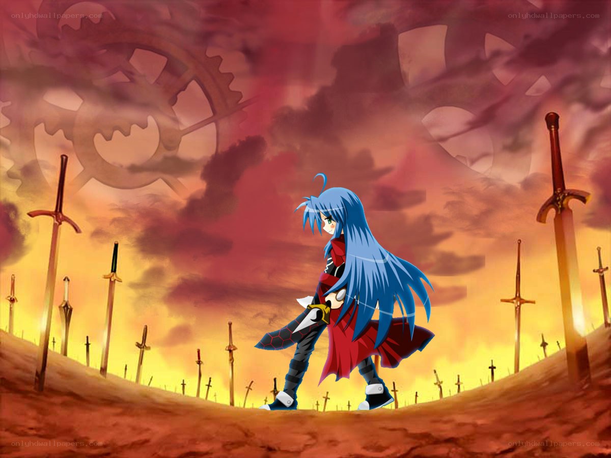blue-haired warrior in a sword field