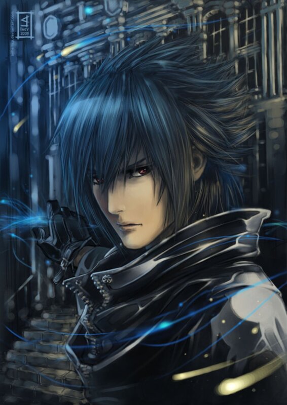 Blue-haired warrior in dark armor