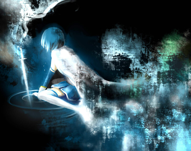 blue-haired warrior in dark mist