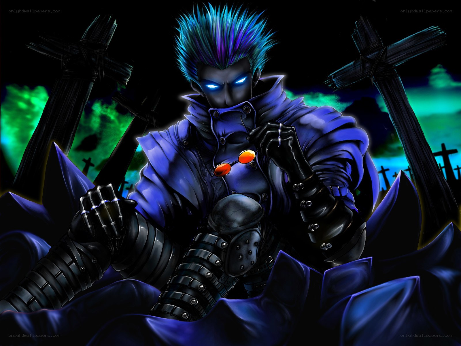 blue-haired warrior in graveyard